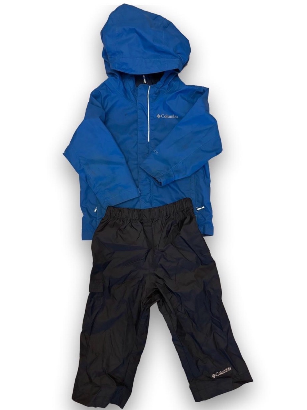 Columbia Kids Blue Hooded Rain Jacket with Black Waterproof Pants